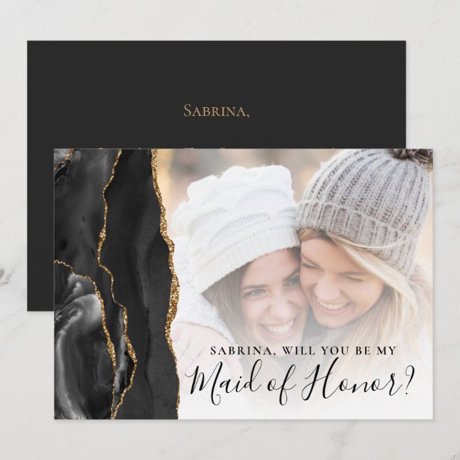 Black Gold Agate Photo Maid of Honor Proposal (Front/Back)