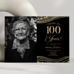 Black Gold Agate Picture 100th Birthday Party Invitation