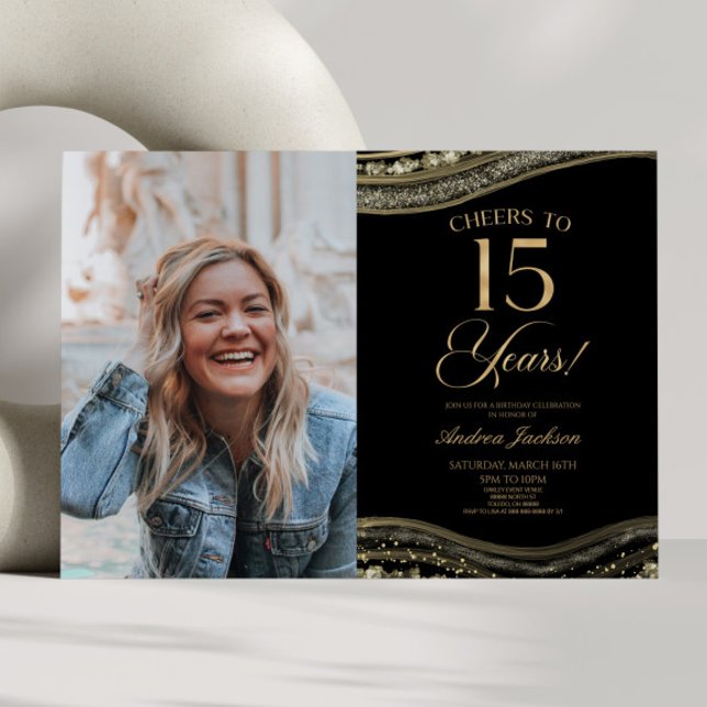 Black Gold Agate Picture 15th Birthday Party Invitation (Creator Uploaded)
