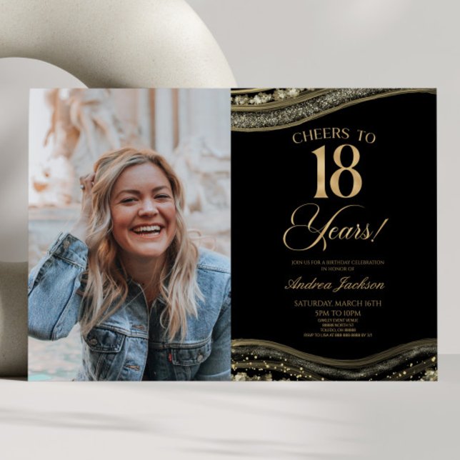 Black Gold Agate Picture 18th Birthday Party Invitation (Creator Uploaded)