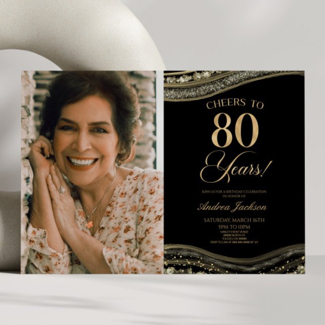Black Gold Agate Picture 80th Birthday Party Invitation (Creator Uploaded)