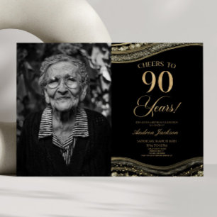 Black Gold Agate Picture 90th Birthday Party Invitation