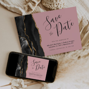 Black Gold Agate Pink Save the Date Card