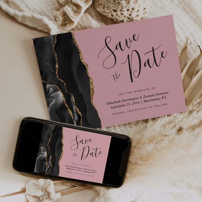 Black Gold Agate Pink Save the Date Card (Creator Uploaded)