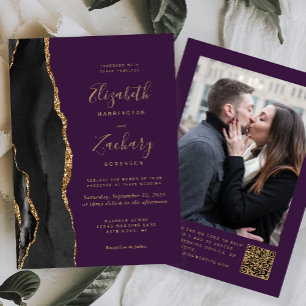 Black Gold Agate Purple Photo QR Code Wedding Invitation