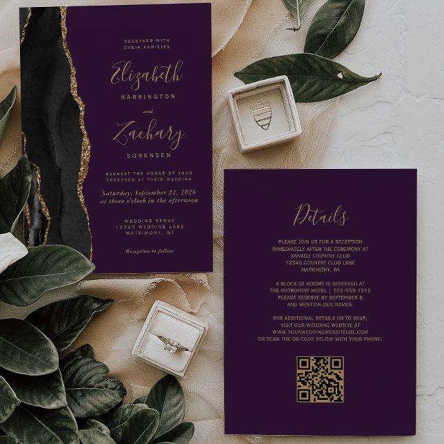 Black Gold Agate Purple QR Code Wedding Invitation (Creator Uploaded)