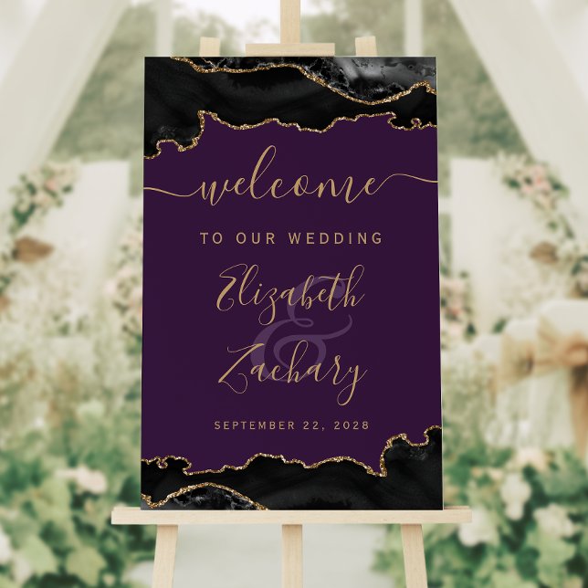 Black Gold Agate Purple Vertical Wedding Welcome Foam Board (Creator Uploaded)