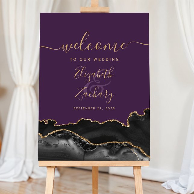 Black Gold Agate Purple Wedding Welcome Foam Board (Creator Uploaded)