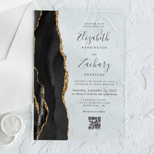 Black Gold Agate QR Code Wedding Acrylic Invitations