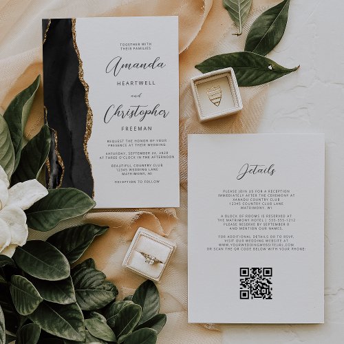 Black Gold Agate QR Code Wedding Invitation