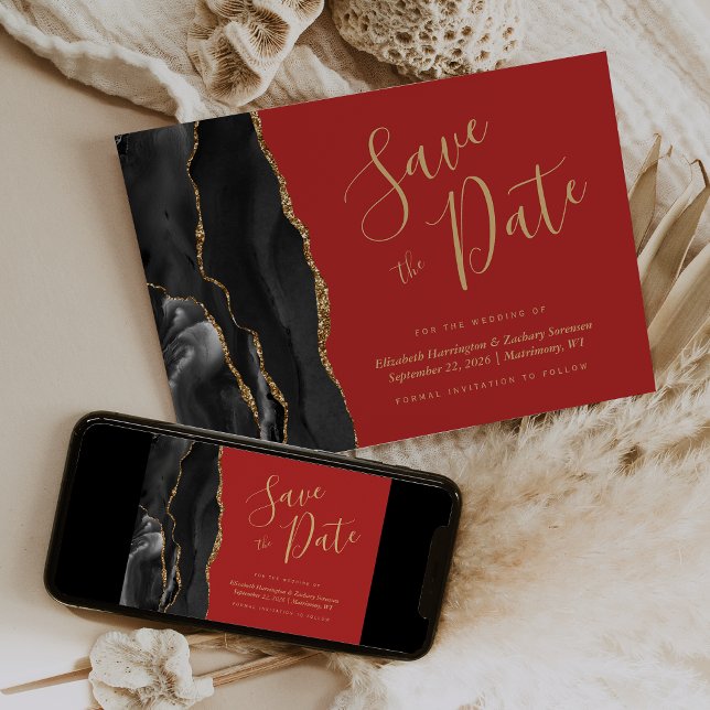 Black Gold Agate Red Save the Date Card (Creator Uploaded)