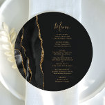 Black Gold Agate Round Plate Wedding Menu<br><div class="desc">The left-hand edge of this elegant modern wedding menu features a black watercolor agate border trimmed with faux gold glitter. The customizable text combines gold-colored whimsical handwriting script and copperplate fonts on a slate black background. The reverse side features a matching black and gold agate design.</div>