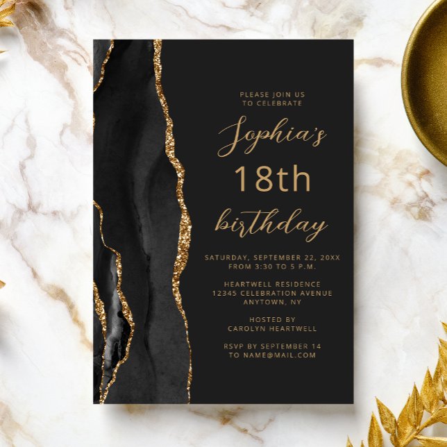 Black Gold Agate Script Dark 18th Birthday Invitation (Creator Uploaded)