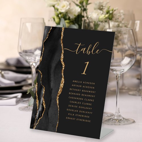 Black Gold Agate Script Dark Wedding Table Number Pedestal Sign