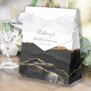 Black Gold Agate Script First Communion Favor Boxes