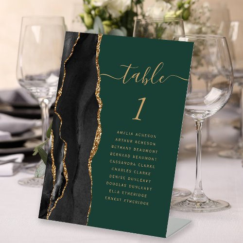 Black Gold Agate Script Green Wedding Table Number Pedestal Sign