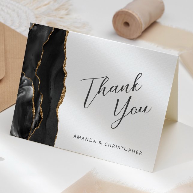 Black Gold Agate Script Wedding Thank You Card (Creator Uploaded)