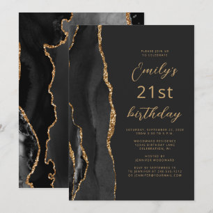 Black Gold Agate Slate Script 21st Birthday Invitation