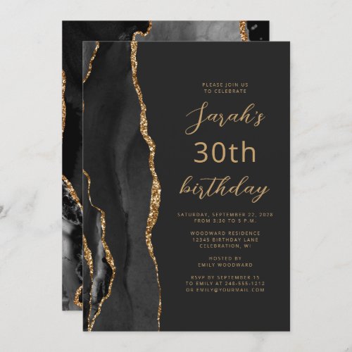 Black Gold Agate Slate Script 30th Birthday Invitation