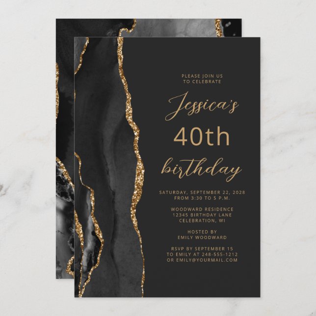 Black Gold Agate Slate Script 40th Birthday Invitation (Front/Back)