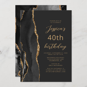 Black Gold Agate Slate Script 40th Birthday Invitation