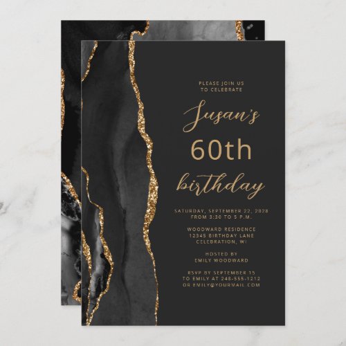 Black Gold Agate Slate Script 60th Birthday Invitation