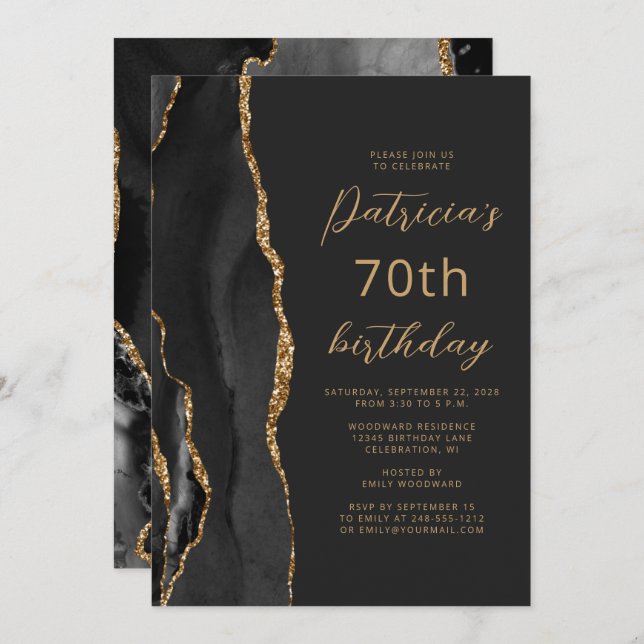 Black Gold Agate Slate Script 70th Birthday Invitation (Front/Back)