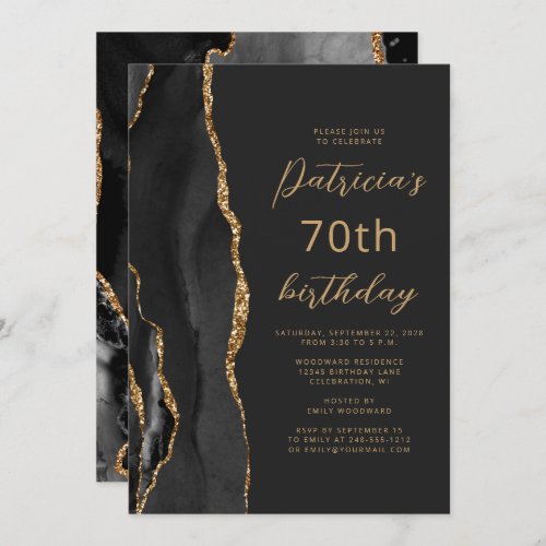 Black Gold Agate Slate Script 70th Birthday Invitation