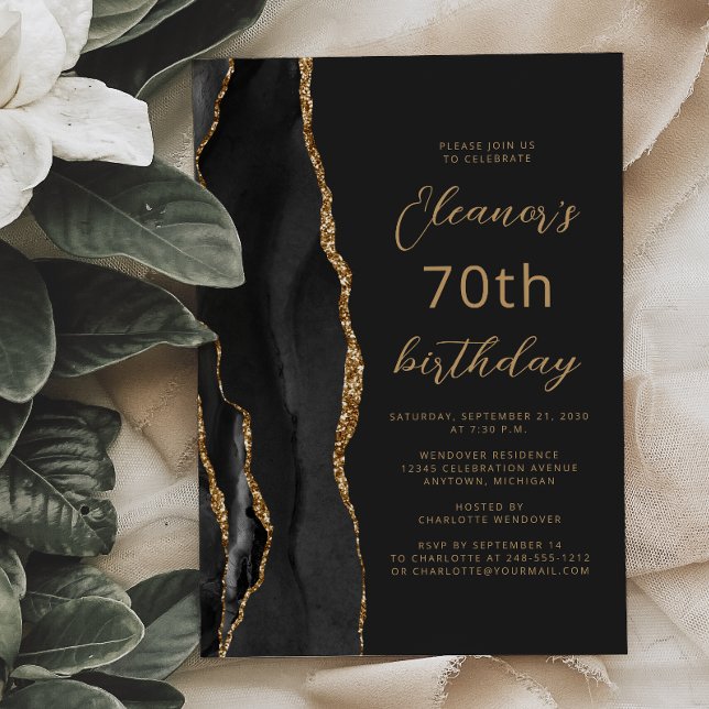Black Gold Agate Slate Script 70th Birthday Invitation (Creator Uploaded)