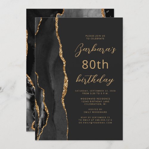 Black Gold Agate Slate Script 80th Birthday Invitation