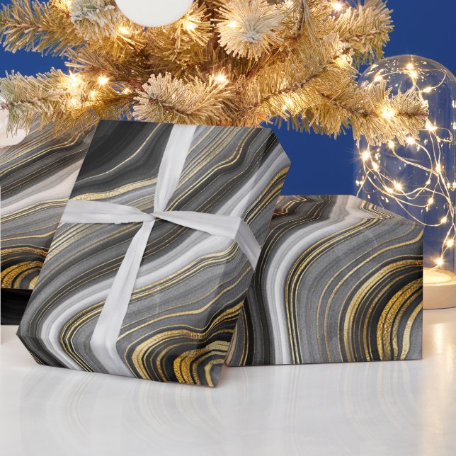 Black gold agate stone marble look elegant party wrapping paper (Holidays)