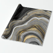Black gold agate stone marble look elegant party wrapping paper (Unrolled)