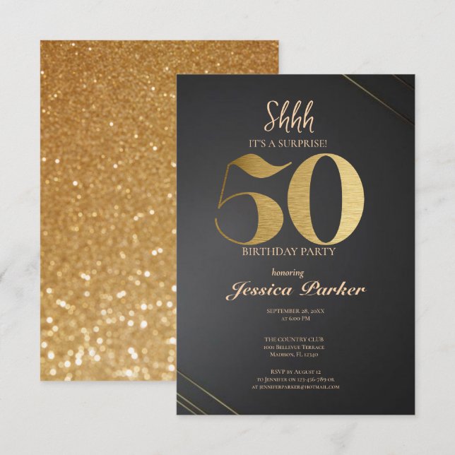 Black Gold Agate Surprise 50th Birthday  Invitation (Front/Back)