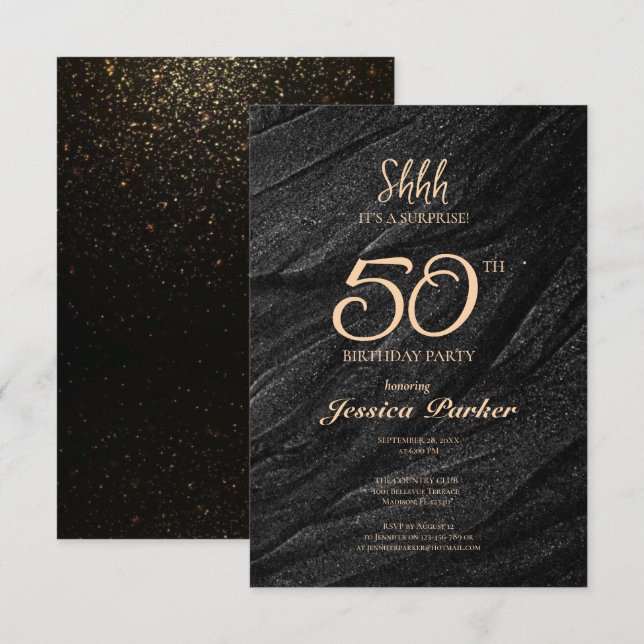 Black Gold Agate Surprise 50th Birthday  Invitation (Front/Back)
