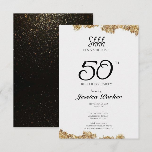 Black Gold Agate Surprise 50th Birthday  Invitation (Front/Back)
