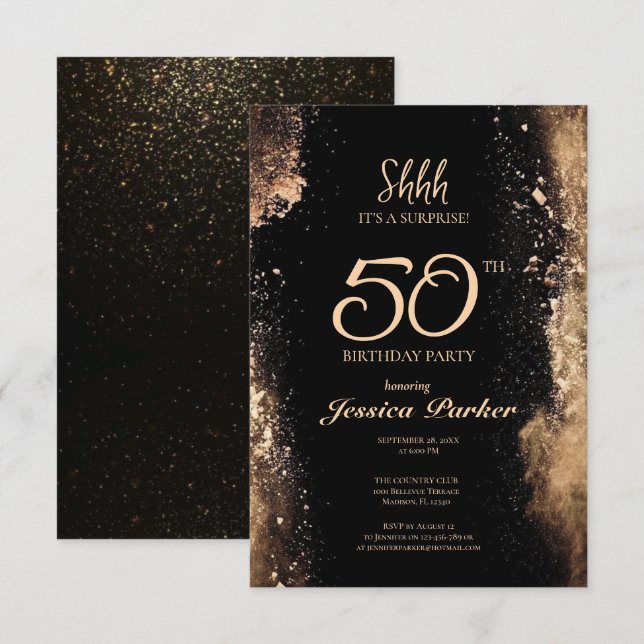 Black Gold Agate Surprise 50th Birthday  Invitation (Front/Back)