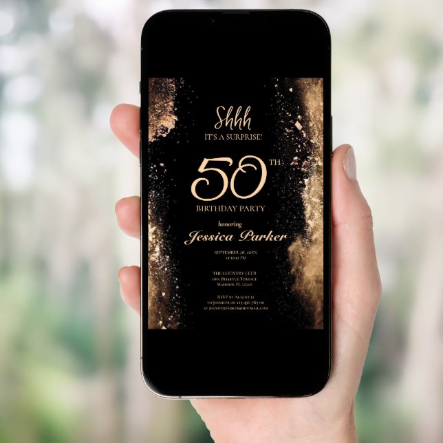 Black Gold Agate Surprise 50th Birthday  Invitation (Front Digital)