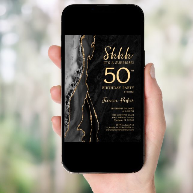 Black Gold Agate Surprise 50th Birthday Invitation (Front Digital)