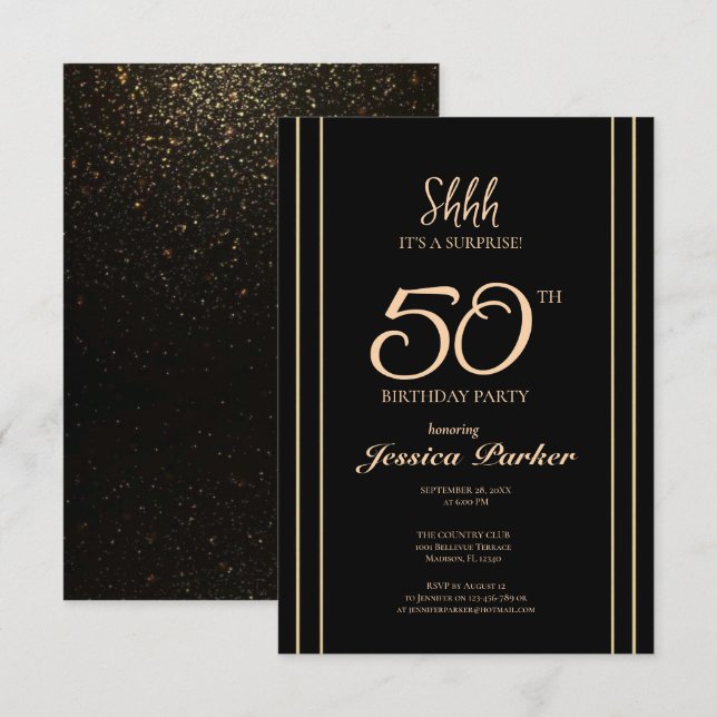 Black Gold Agate Surprise 50th Birthday  Invitation (Front/Back)