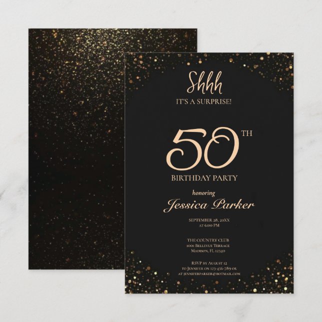 Black Gold Agate Surprise 50th Birthday  Invitation (Front/Back)