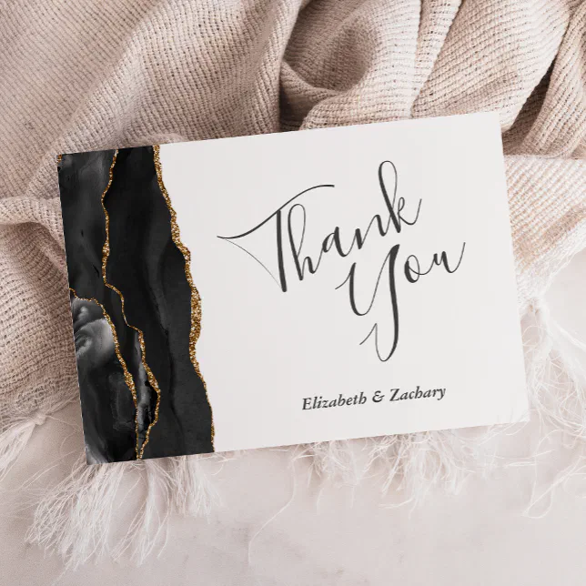 Black Gold Agate Wedding Flat Thank You Card | Zazzle