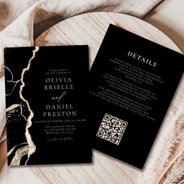 Black Gold Agate Wedding QR Code Elegant Invitation (Creator Uploaded)