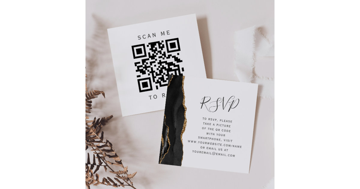 Black Gold Agate Wedding QR Code RSVP Enclosure Card | Zazzle