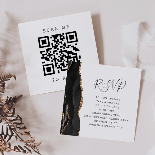 Black Gold Agate Wedding QR Code RSVP Enclosure Card