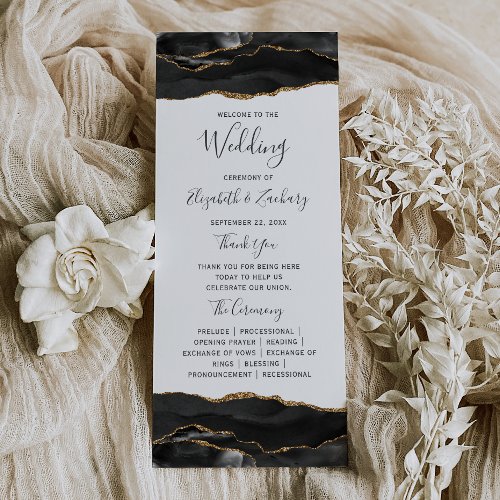 Black Gold Agate Whimsical Script Wedding Program