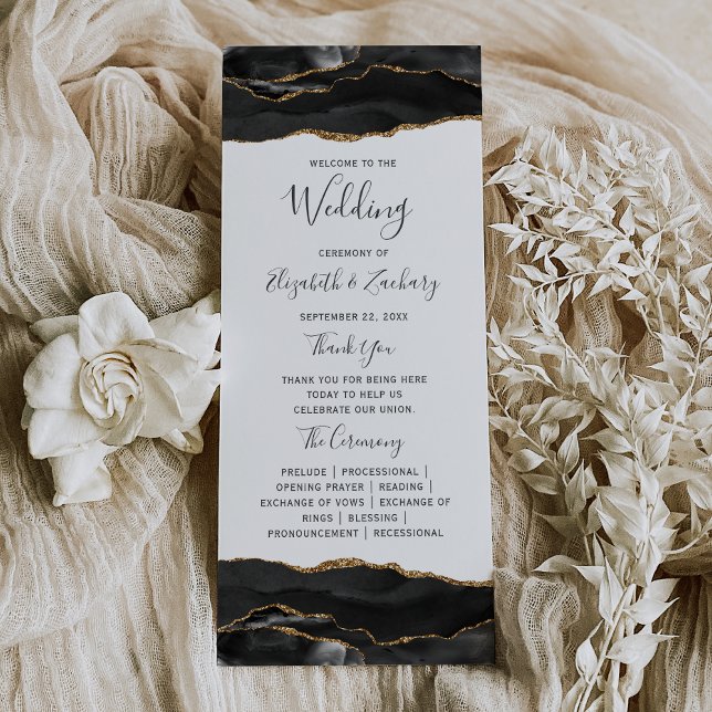 Black Gold Agate Whimsical Script Wedding Program (Creator Uploaded)