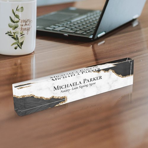 Black Gold Agate White Marble Elegant Professional Desk Name Plate