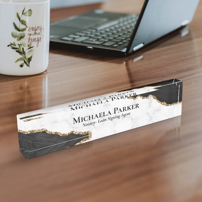Black Gold Agate White Marble Elegant Professional Desk Name Plate (Creator Uploaded)