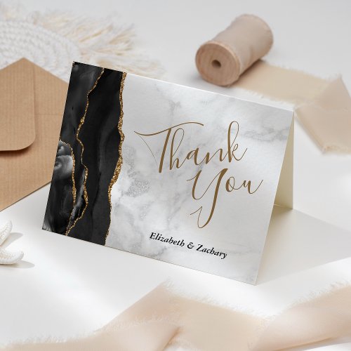 Black Gold Agate White Marble Wedding Thank You Card