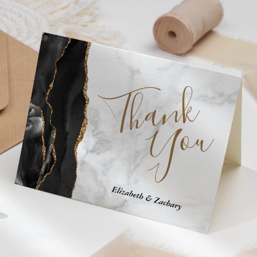 Black Gold Agate White Marble Wedding Thank You Card